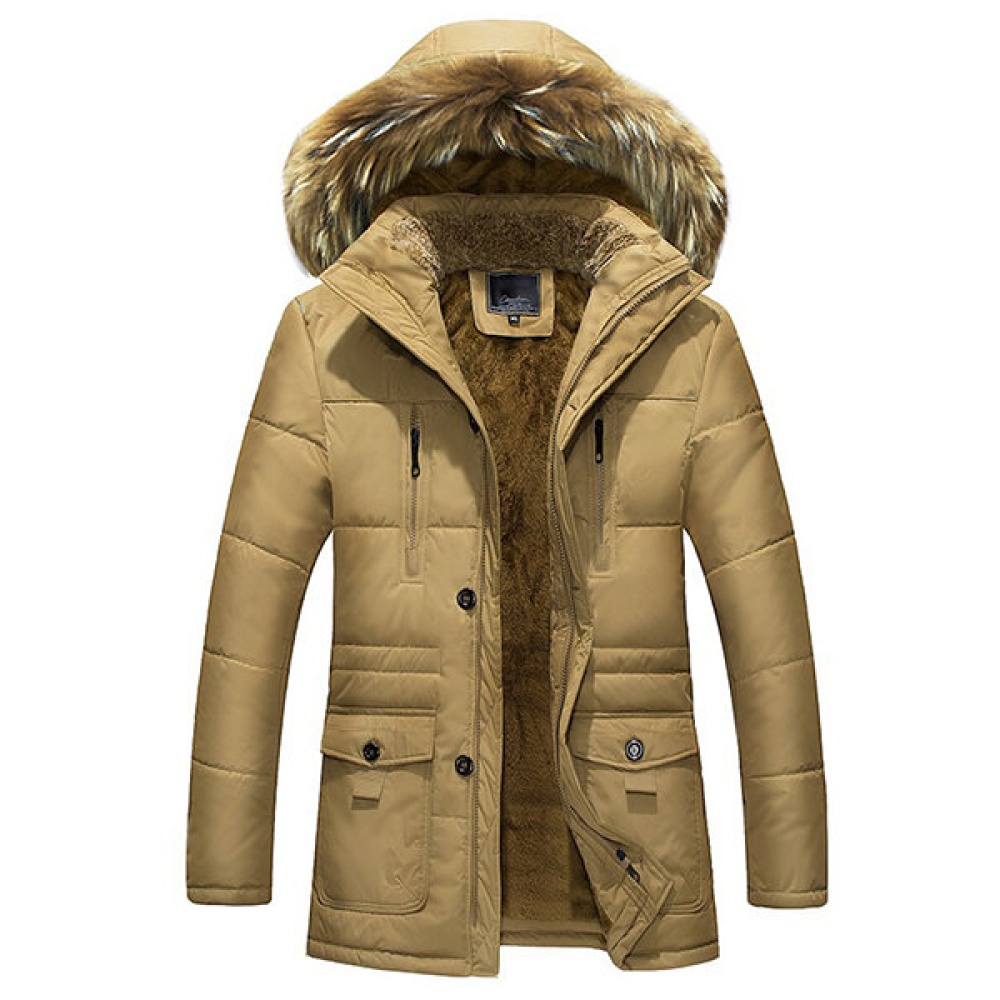 Men Winter Wark Thick Fleece Warm Furry Hooded Outdoor Jacket Parkas - S Khaki - Image 2