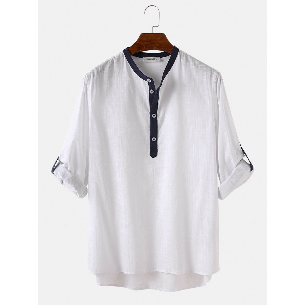 Mens 100% Cotton Stand Collar Three Quarter Sleeve Casual Henley Shirts - White M