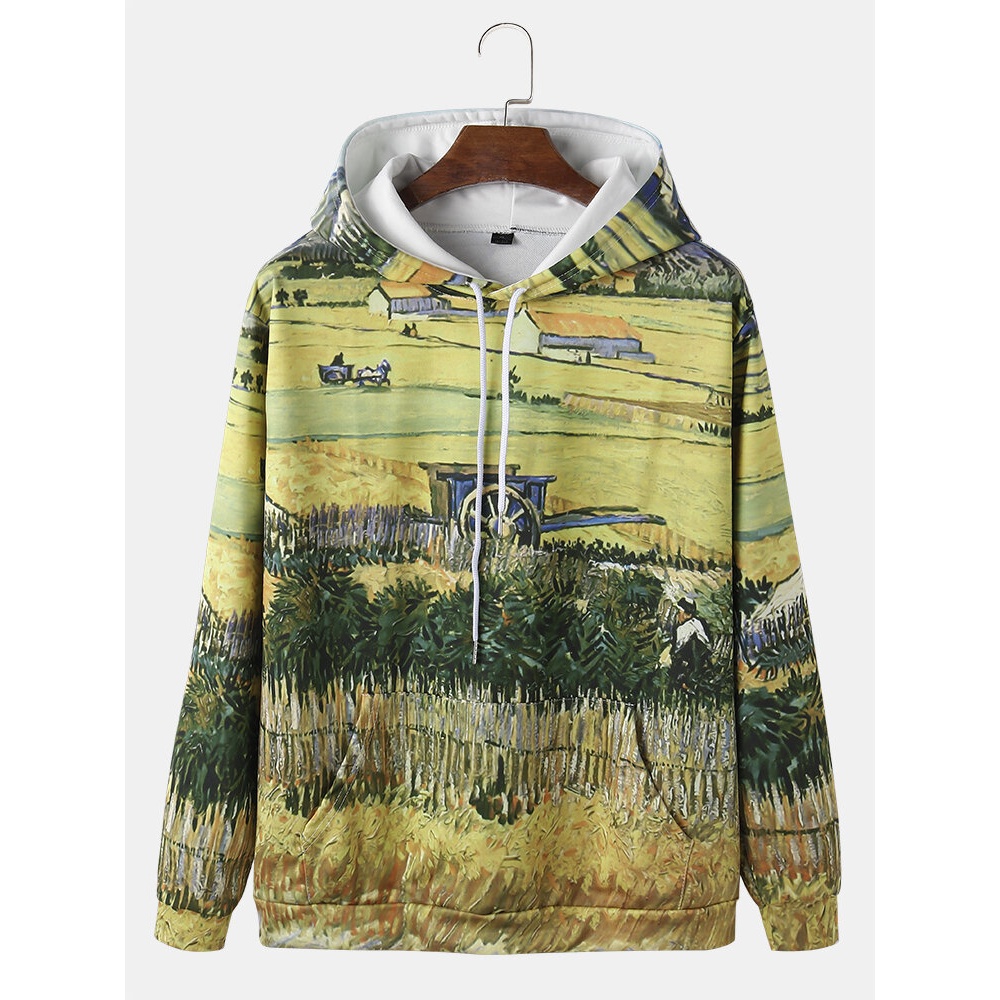 Mens Landscape Painting Printing Drawstring Hoodies With Pocket - White L