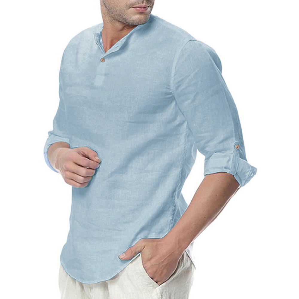 INCERUN Mens Cotton Button Neck Casual Long Sleeve Slim Fit Shirt Tee Tops - 2XL Light Blue