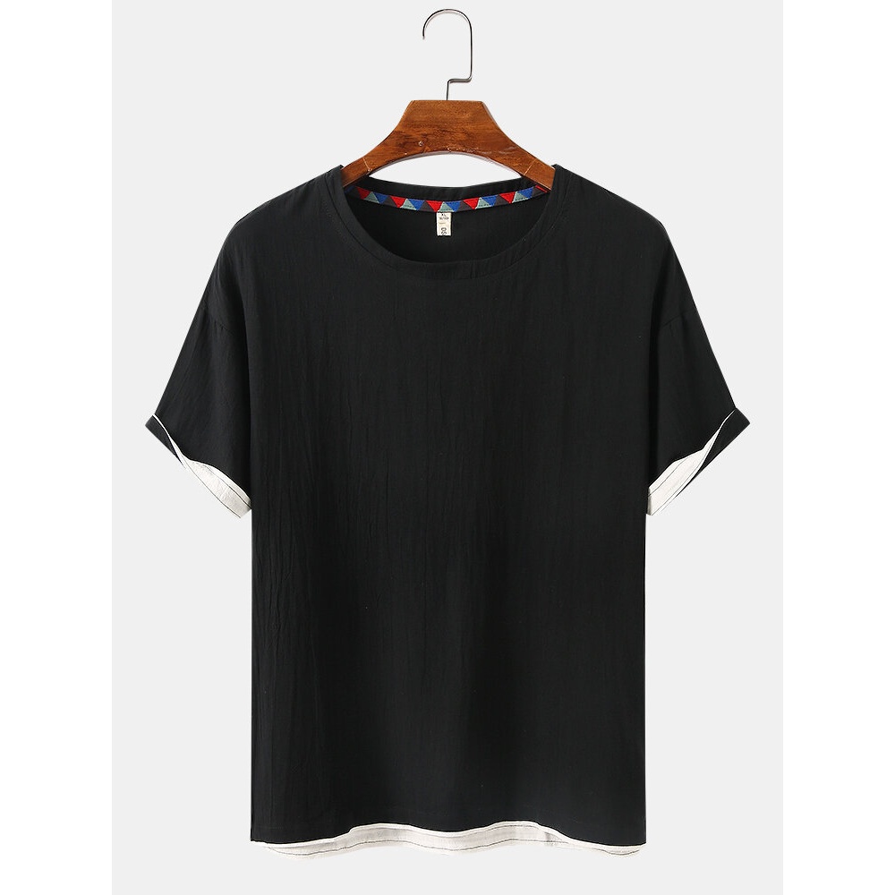 Cotton Mens Contrast Solid Color Crew Neck Simple Short Sleeve Casual T-Shirts - Black 3XL