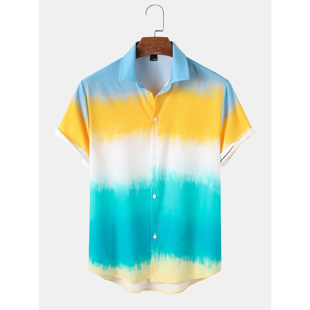 Mens Casual Tie Dye Patchwork Short Sleeve Shirts - Yellow M
