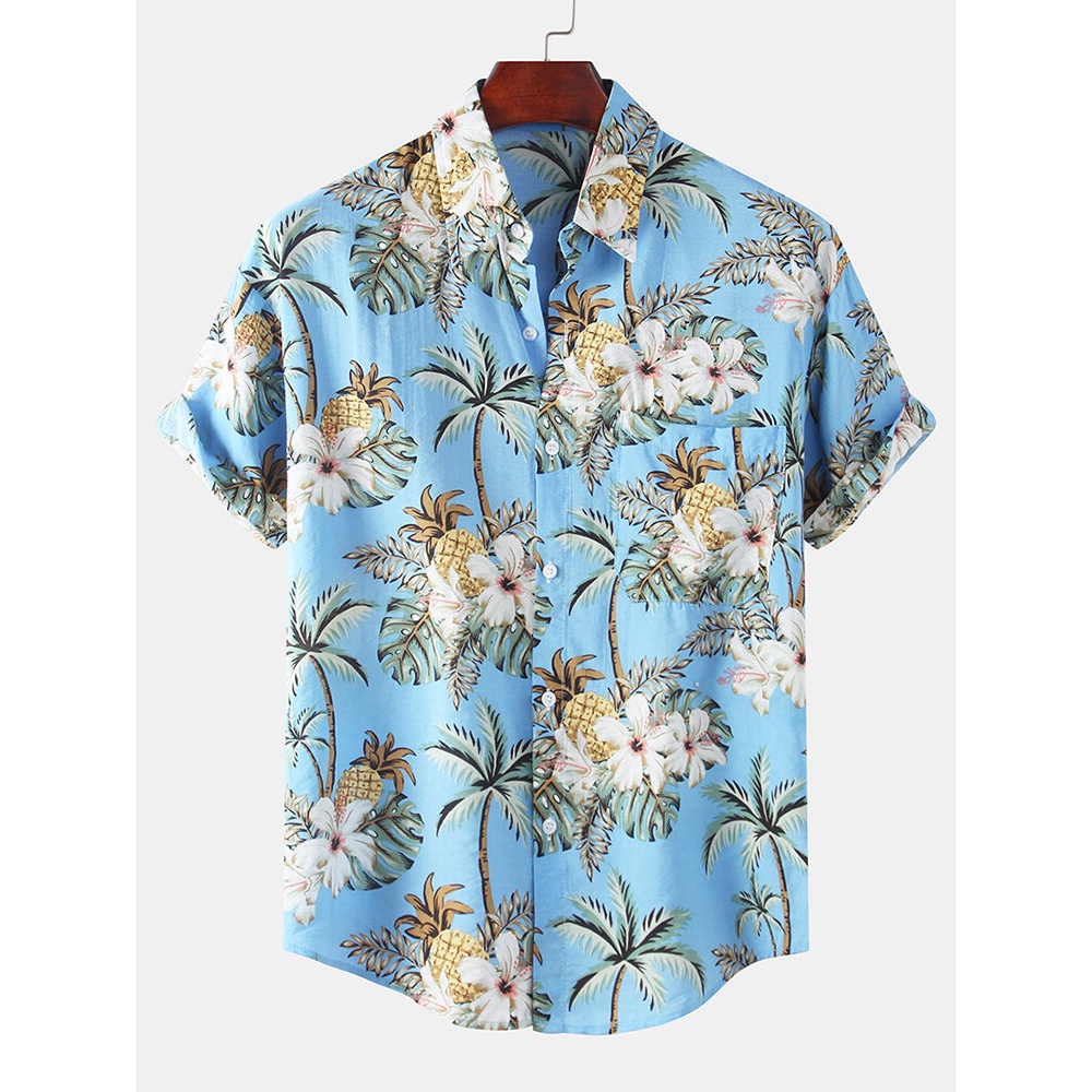 Mens Fashion Pineapple Printing Breathable Short Sleeve Casual Shirts - White S