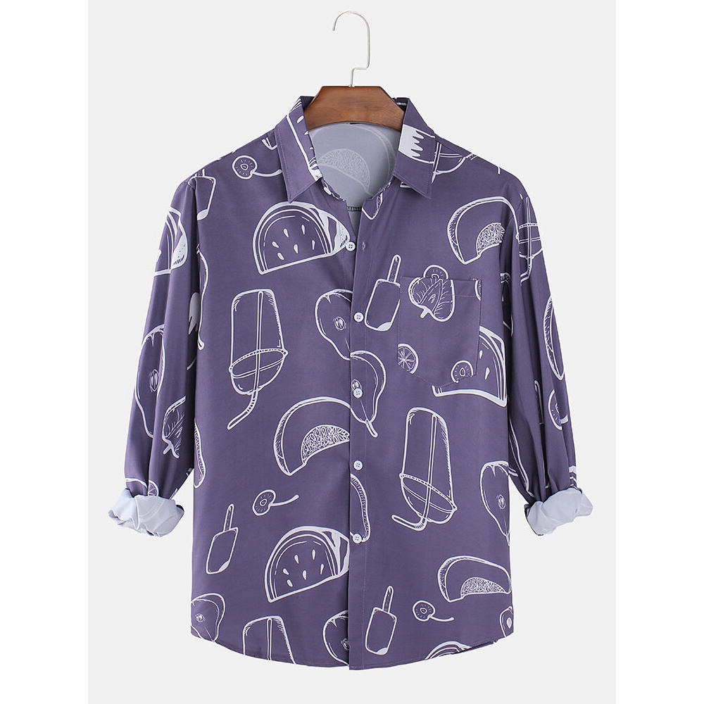 Mens Food Printing Light Lapel Casual Curved Hem Long Sleeve Shirts With Pocket - Black XL