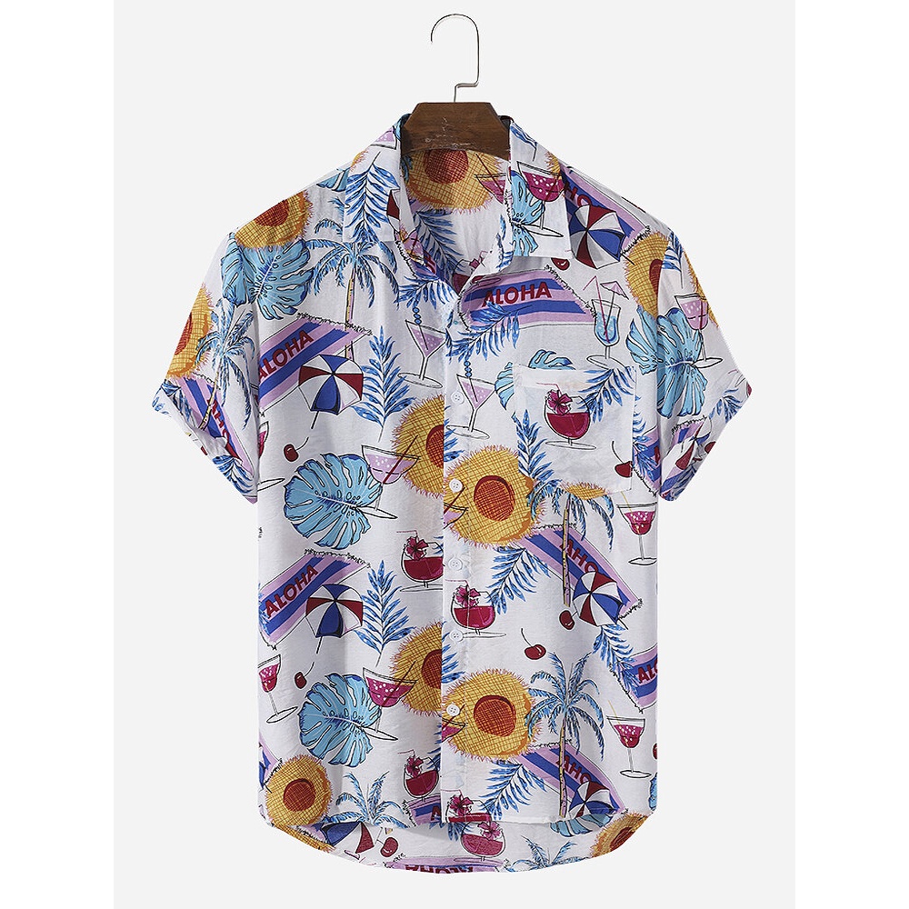 Mens Colorful Funny Patterns Cotton Short Sleeve Casual Shirts - Sky Blue S