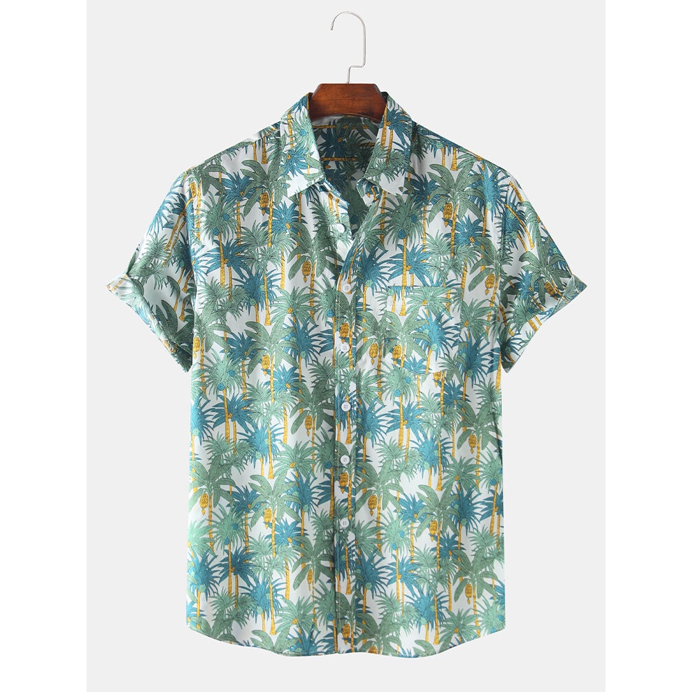 Mens Holiday Tree Printing Tropical Breathable Short Sleeve Casual Shirts - Dark Green S