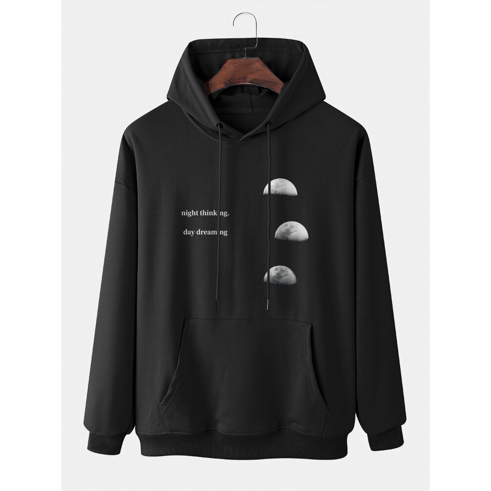 Men Lunar Eclipse Letter Kangaroo Pocket Drawstring Solid Casual Hooded Sweatshirt - Black L