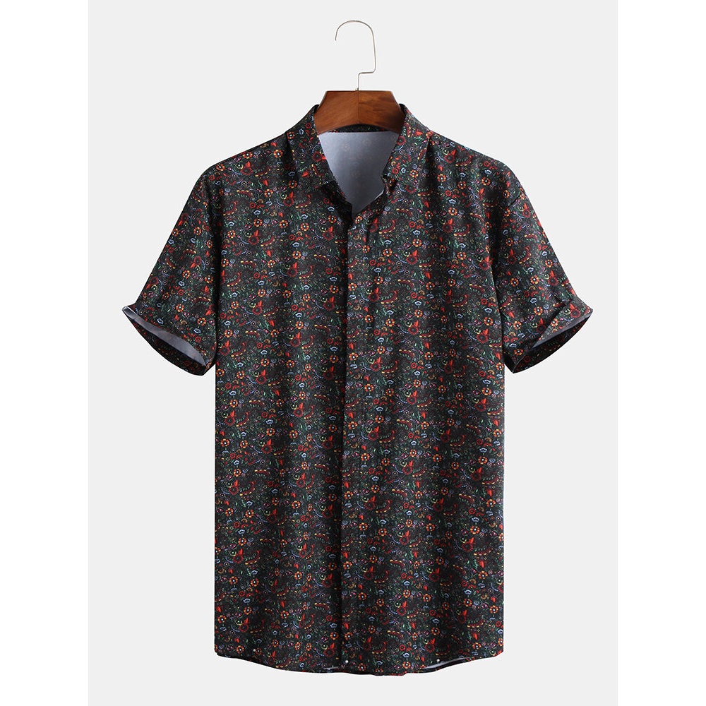 Mens Small Floral Printed Ethnic Style Shirts - XL Black