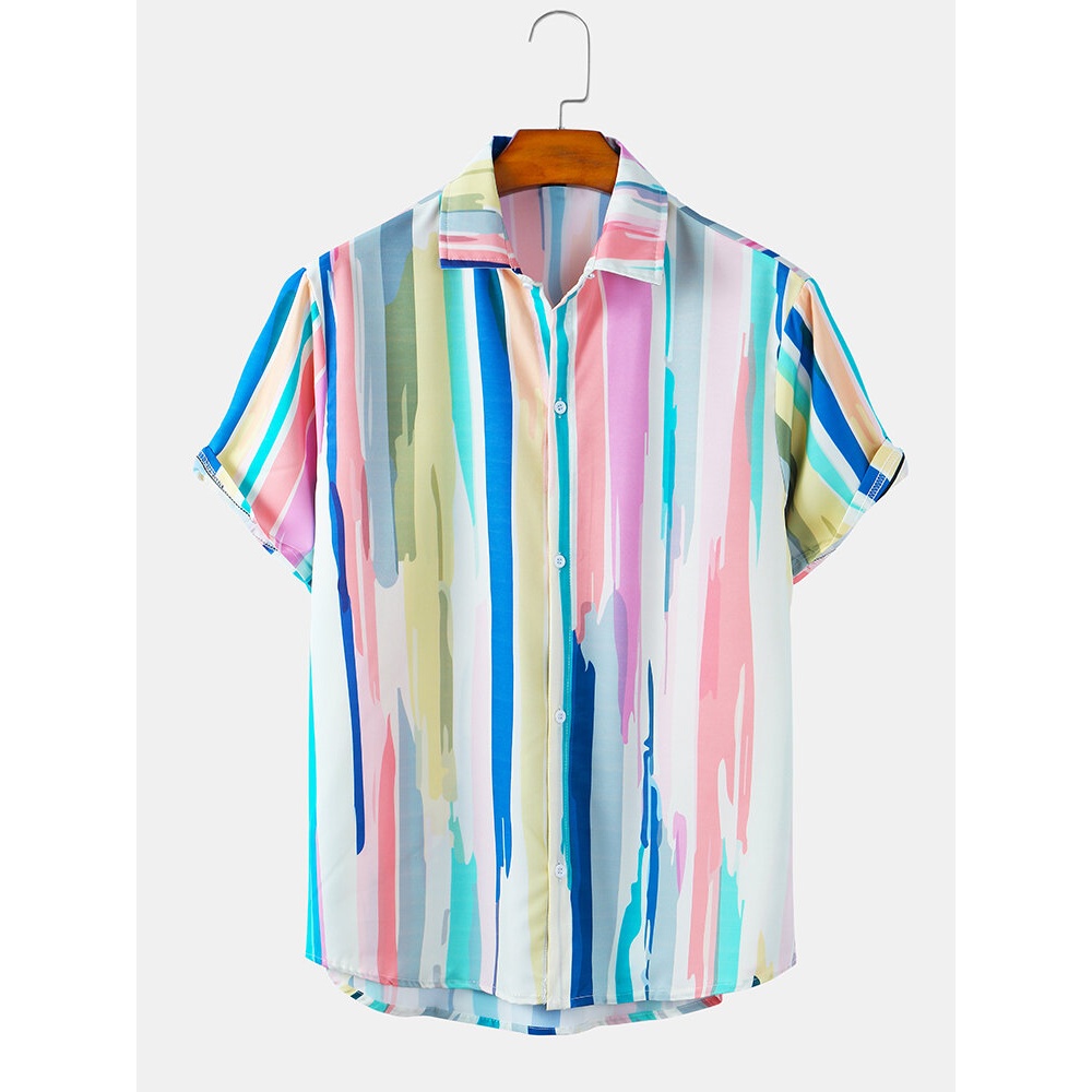 Mens Striped Print Gradient Light Casual Short Sleeve Shirts - White L