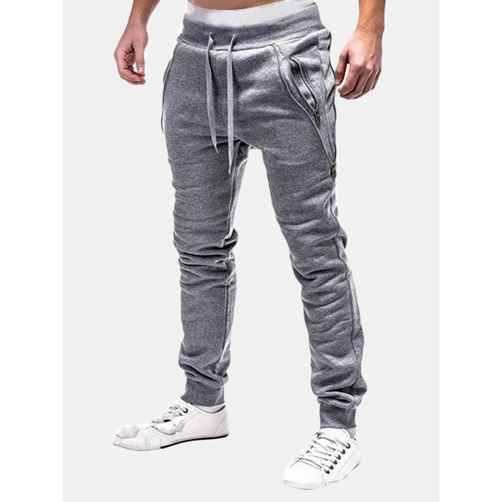 Elastic Waist Double Zipper Sport Pants - S Dark Gray