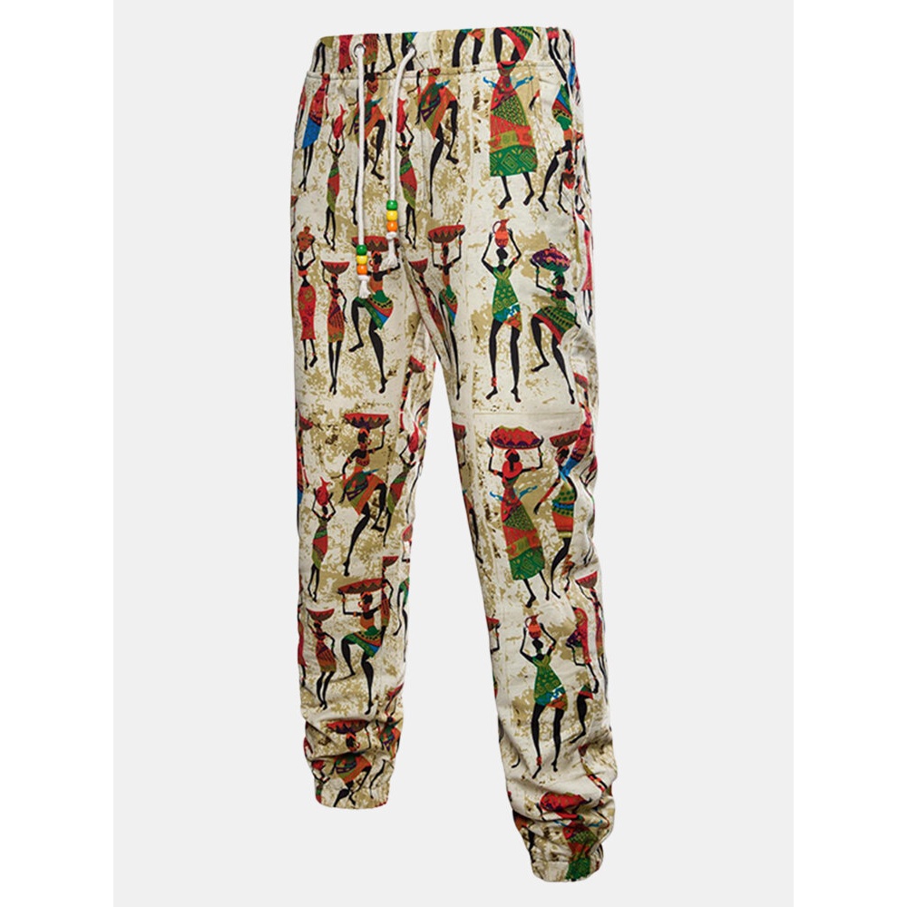 Cotton Linen Drawstring Ethnic Style Casual Pants - L Beige