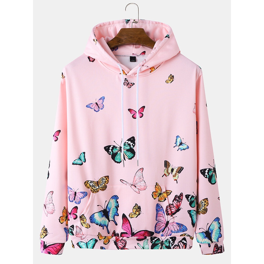Men Butterfly Pattern Kangaroo Pocket Drawstring Hooded Sweatshirt - Pink S