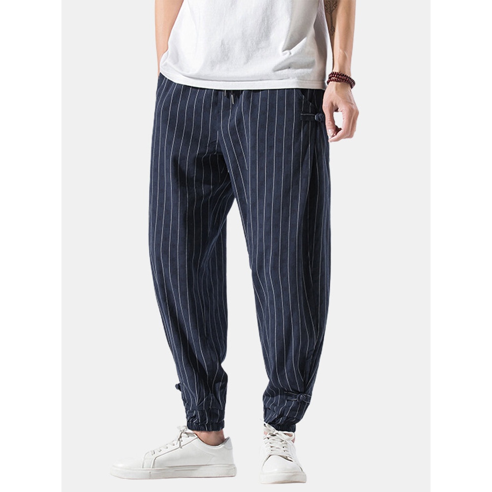 Mens Stripe Chinese Frog Elastic Waist Pocket Casual Jogging Pants - White S