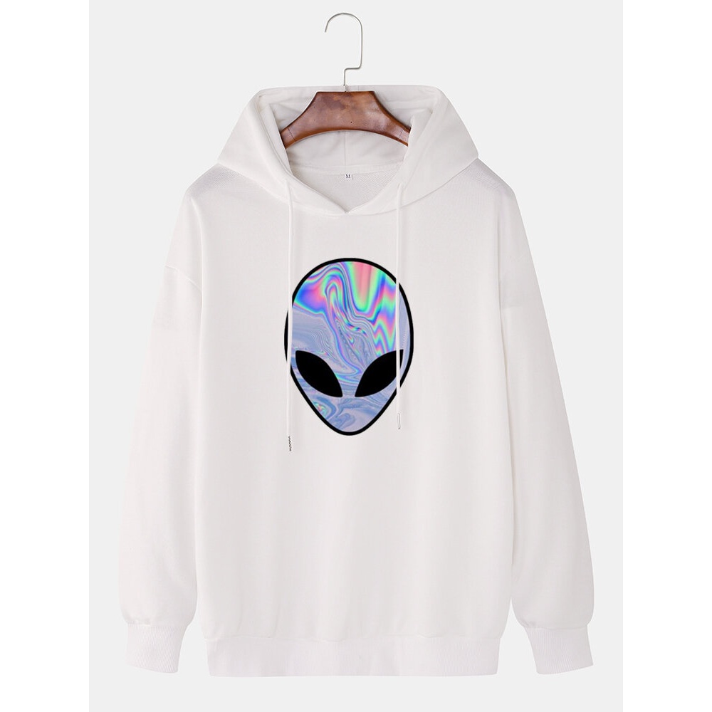 Mens Alien Print Drop Shoulder Simple Drawstring Hoodies - White L