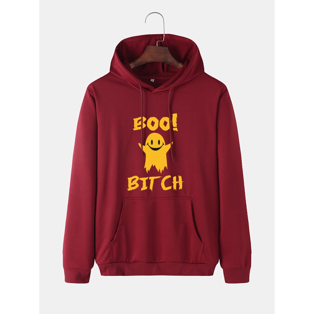 Mens Cartoon Ghost Letter Print Cotton Drawstring Hoodies With Kangaroo Pocket - Black S