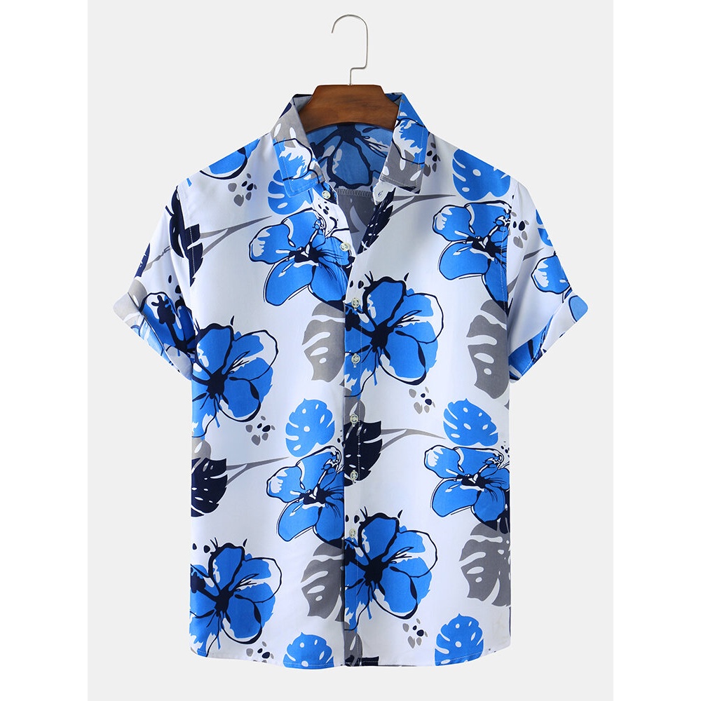 Mens Graffiti Flroal Print Lapel Collar Casual Short Sleeve Shirts - White 3XL