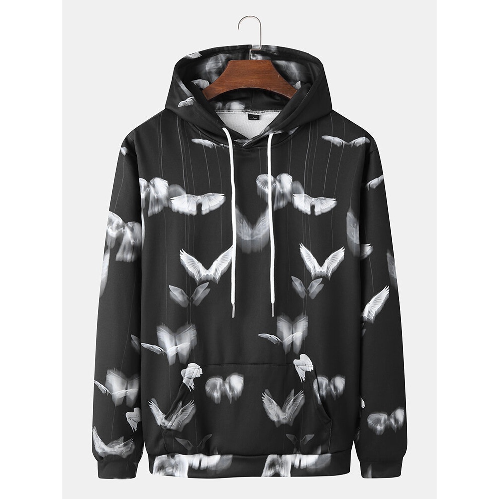 Mens Butterfly Printing Drawstring Kangaroo Pocket Hoodies - Black L
