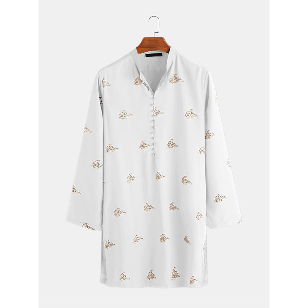 Mens Fashion Printing Stand Collar Mid Long Casual Shirts - S Black