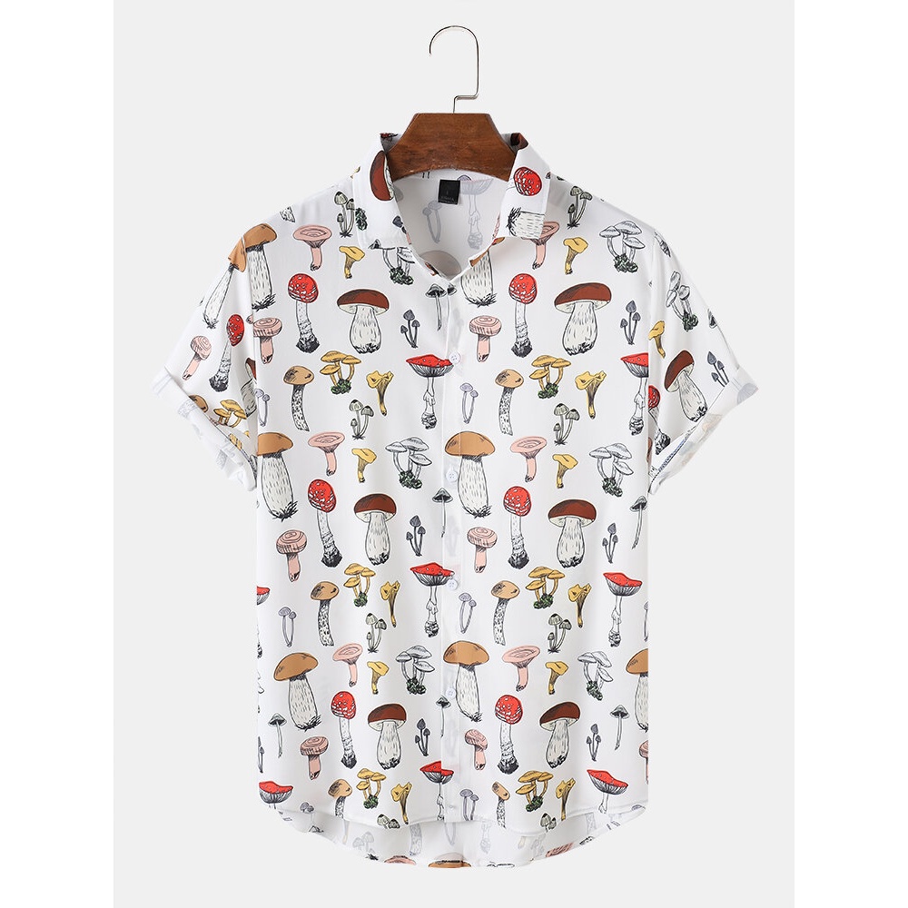 Mens Causal Mushroom Cartoon Shirts - White 2XL