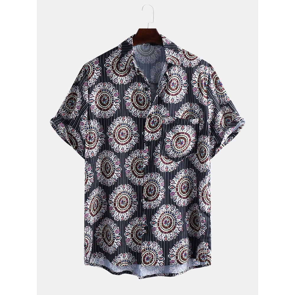 Mens Summer Floral Pattern Printed Half Buttons Casual Shirts - M Black