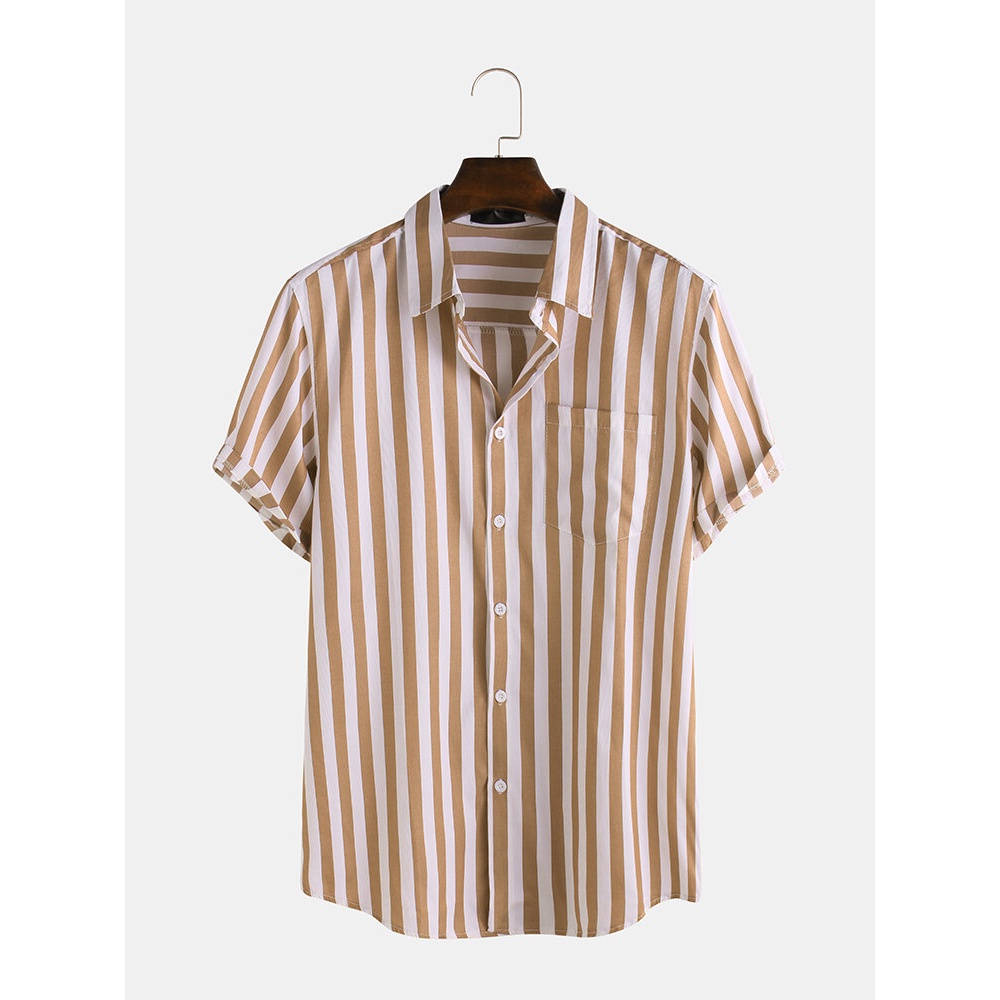 Mens Fashion Stripe Pocket Short Sleeve Casual Shirts - XL Black