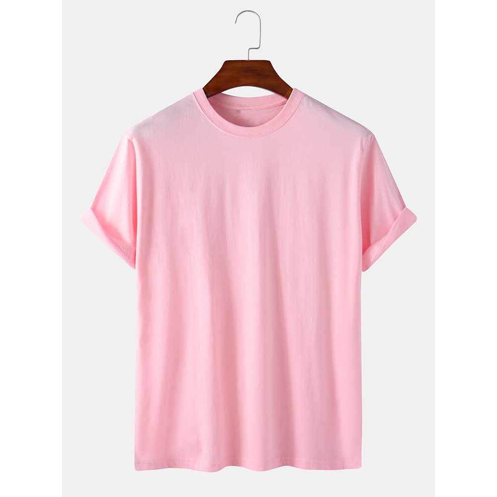 Mens 100% Cotton Solid Color Round Neck Casual Short Sleeve T-Shirts - White M