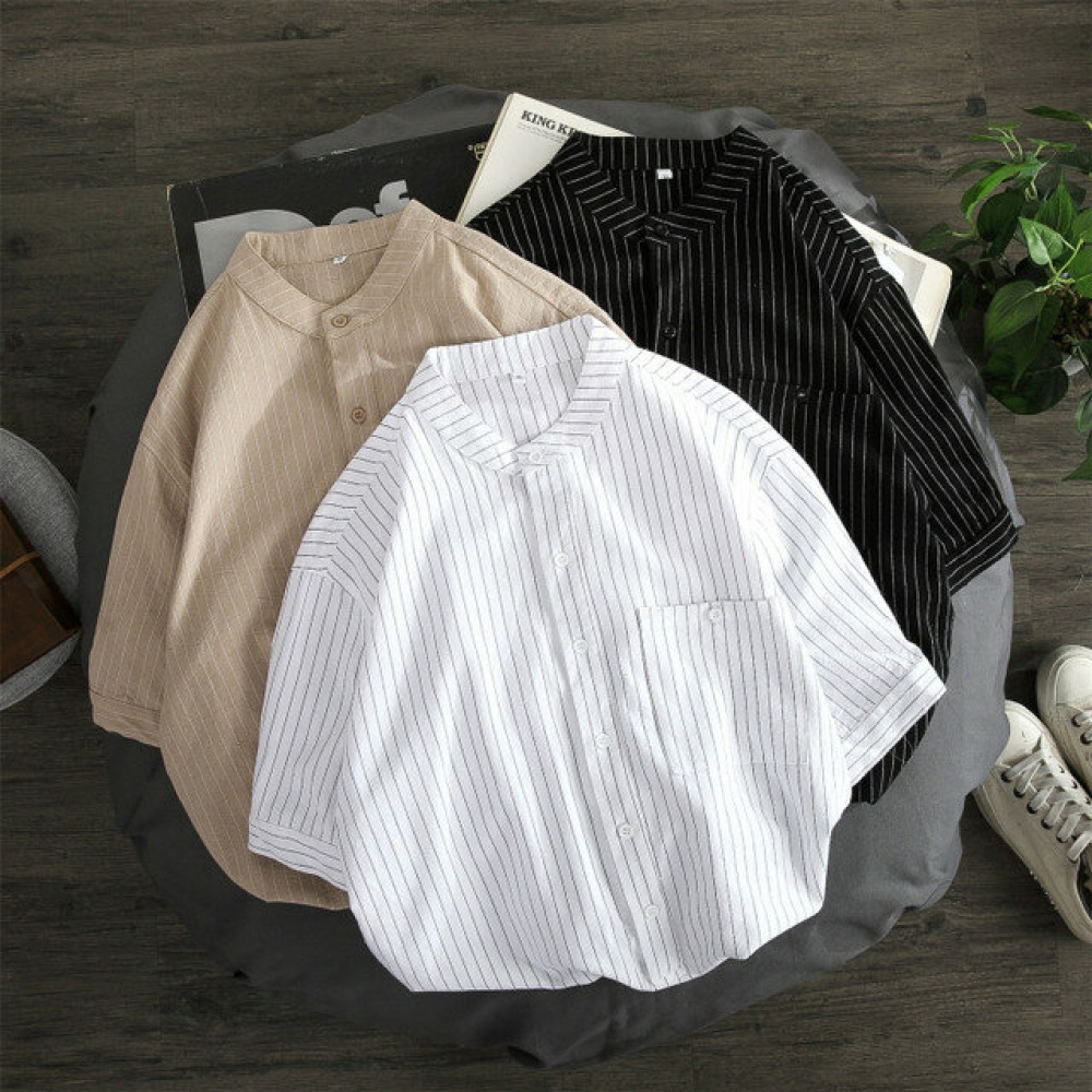 Ji Li Collar Shirt Men's Cotton Shirt Men's Casual Tide Loose Stripes Large Size Short-sleeved Shirt Tide - M Black - Image 2