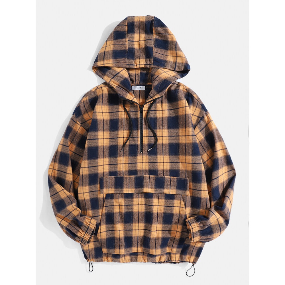 Mens Cotton Vintage Plaid Half Zipper Front Long Sleeve Drawstring Hoodies - Yellow S