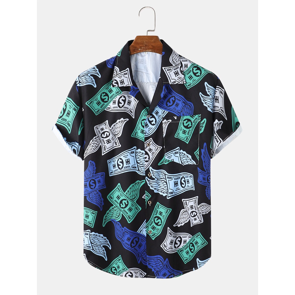 Mens Money Print Revere Collar Pocket Shirts - Black L