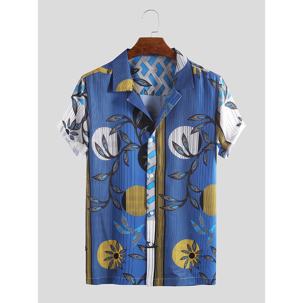 Men Tile Print Short Sleeve Revere Shirts - XL Blue