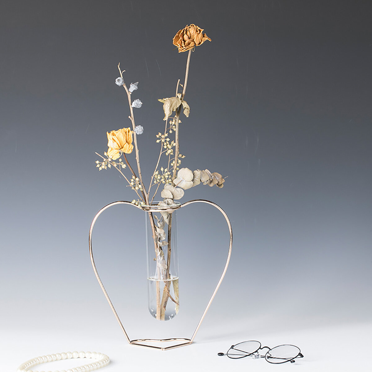 Crystal Glass Iron Test Tube Vase in Wooden Stand Flower Pots Plant - S - Image 2