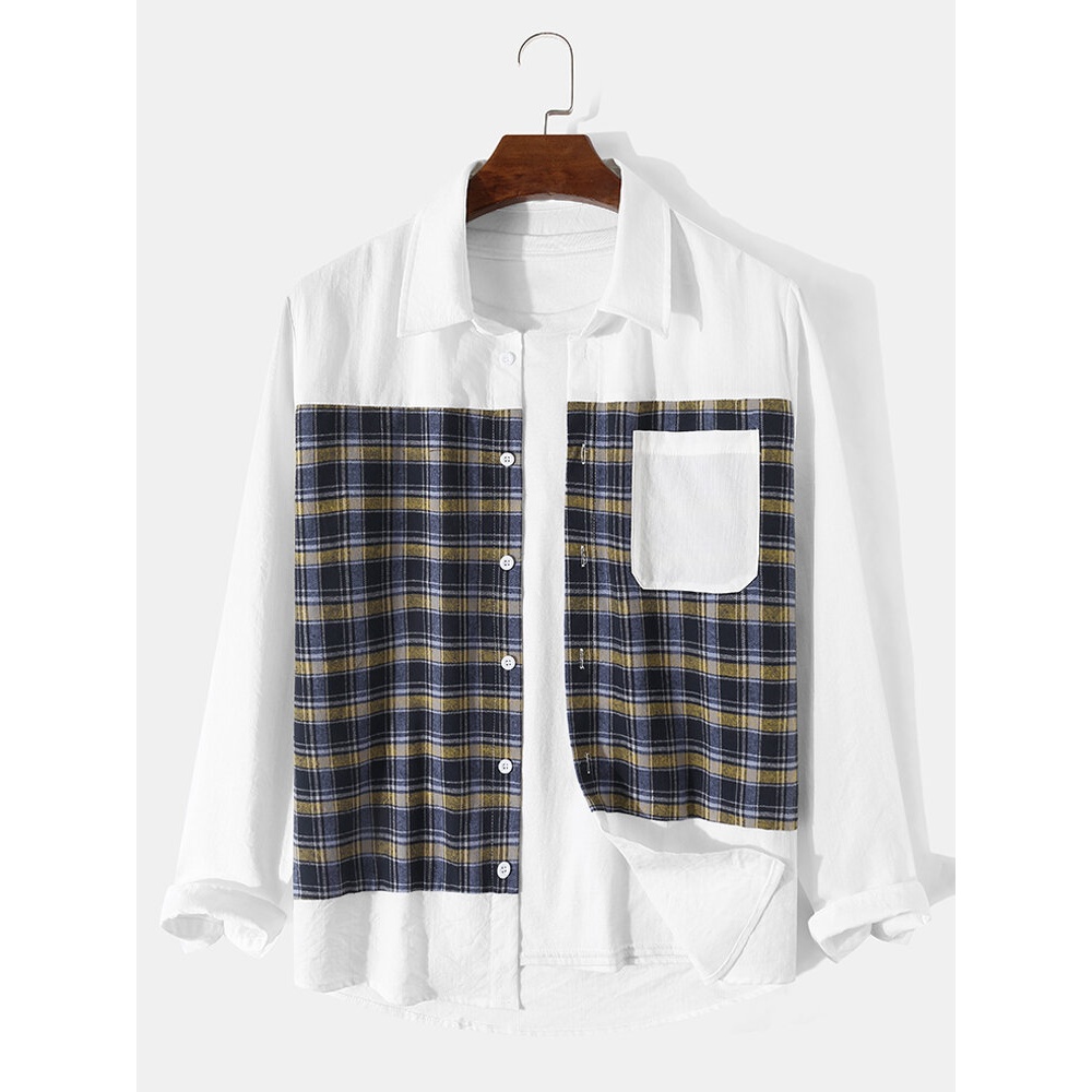 Men Gingham Plaid Chest Pocket Long Sleeve Casual Shirts - White S
