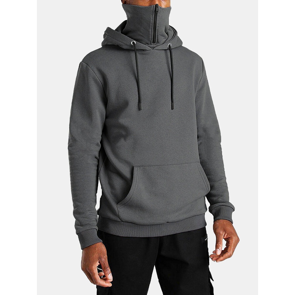 Mens Solid Color Kangaroo Pocket Long Sleeve Hoodies With Zipped Snood - Red S
