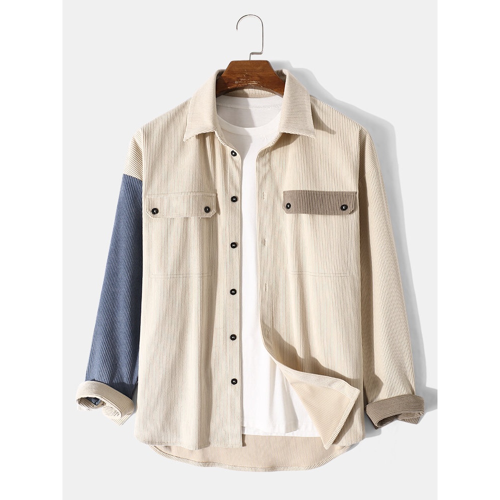 Men Corduroy Flap Pocket Contrast Stitching Button Casual Shirts - Apricot S