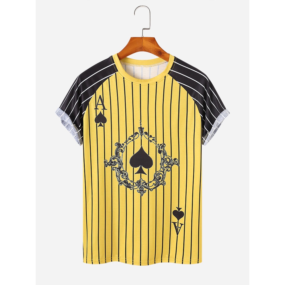 Mens Poker Pattern Striped Crew Neck T-Shirts - Khaki M