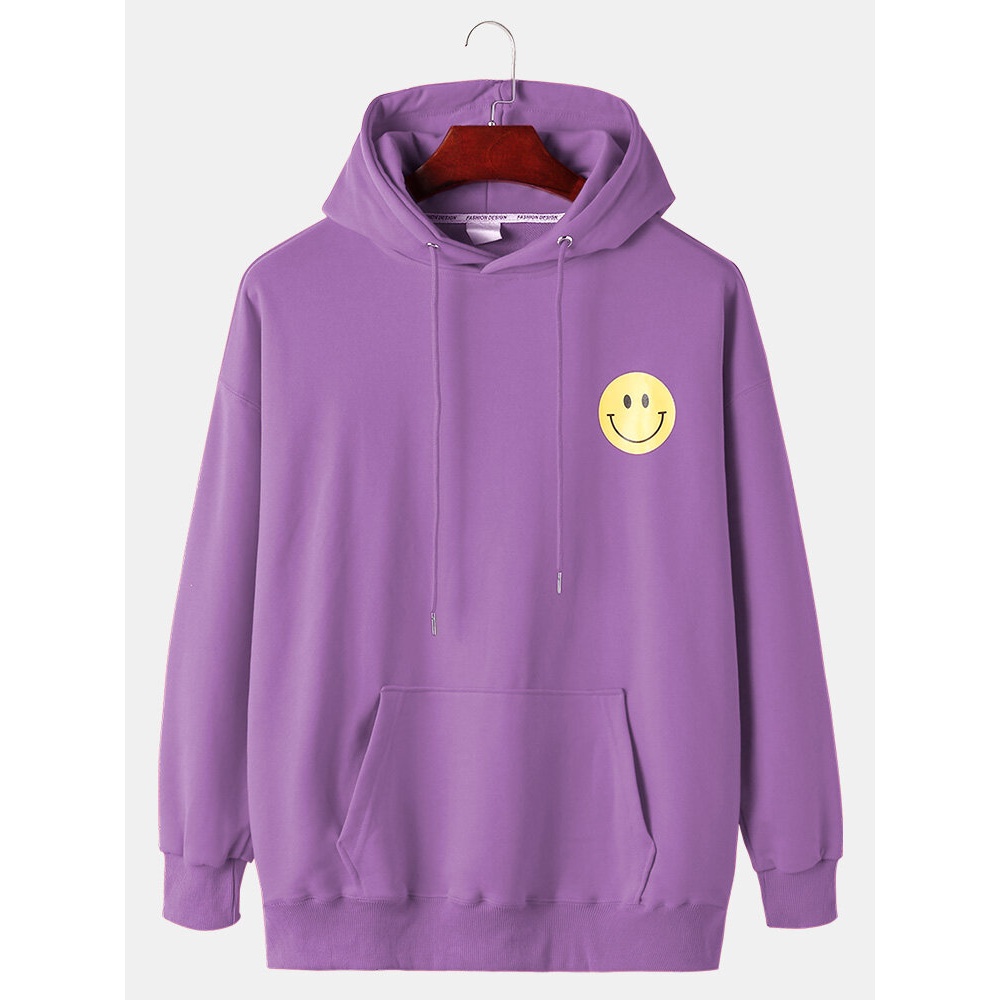 Mens Smile Print Drop Shoulder Long Sleeve Cotton Drawstring Hoodies With Pocket - White L