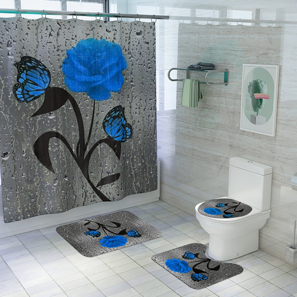 Bathroom Shower Curtain Waterproof Rings Hook Lid Toilet Cover Set 180x180CM - #3 - Image 2