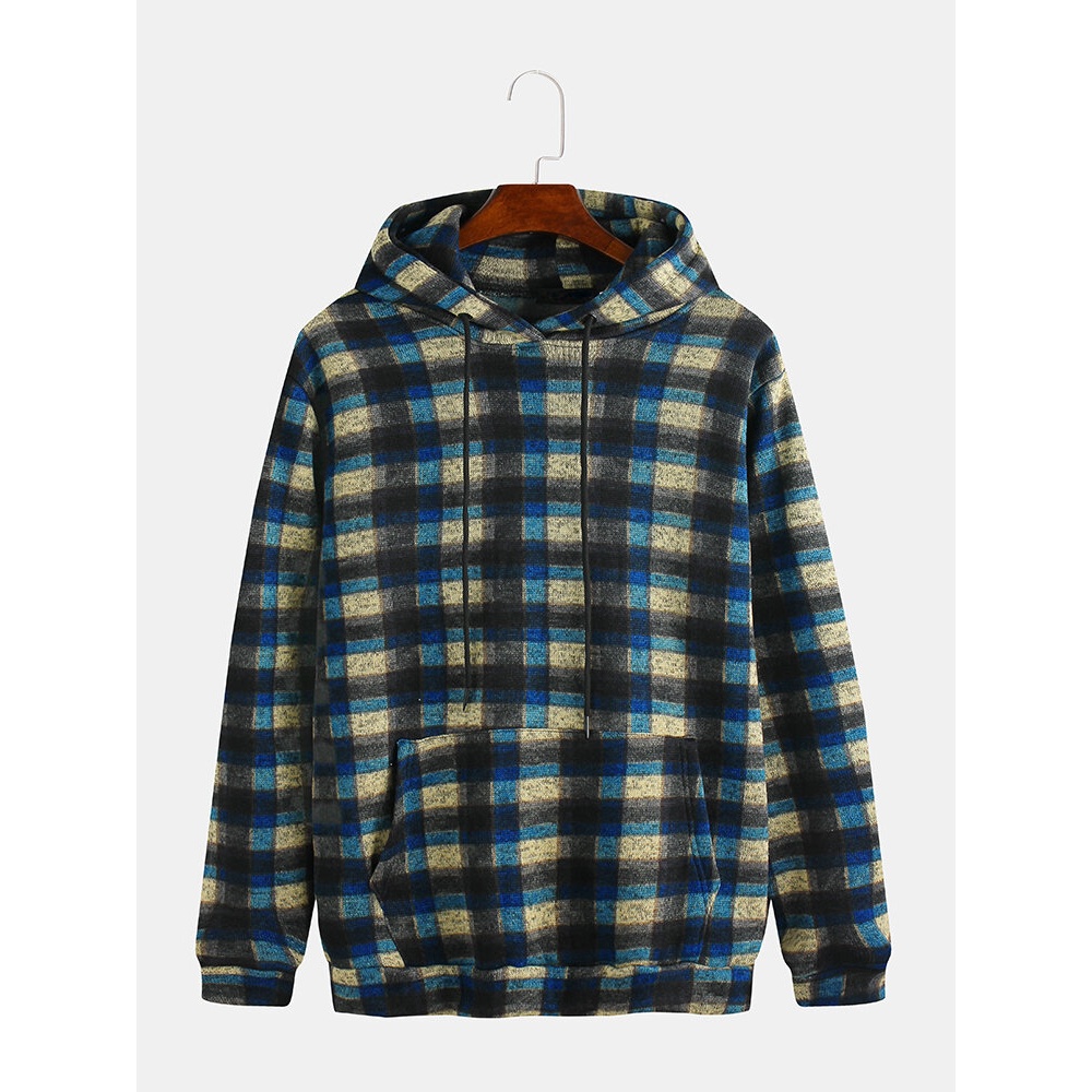Mens Fashion Plaid Hooded Long Sleeve Thick Casual Sweatshirt - M Sky Blue