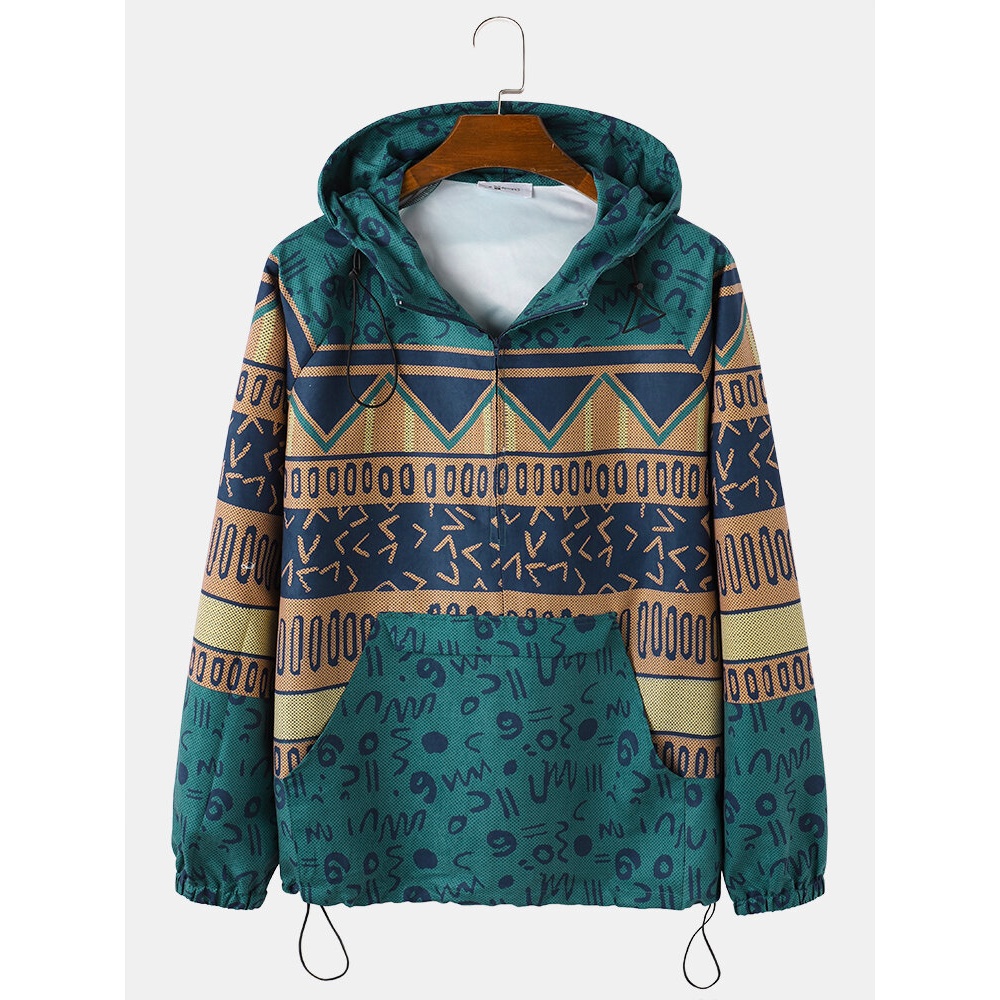 Mens Tribal Pattern Ethnic Style Zipper Hoodie Portable Windbreaker Jacket - Blue S
