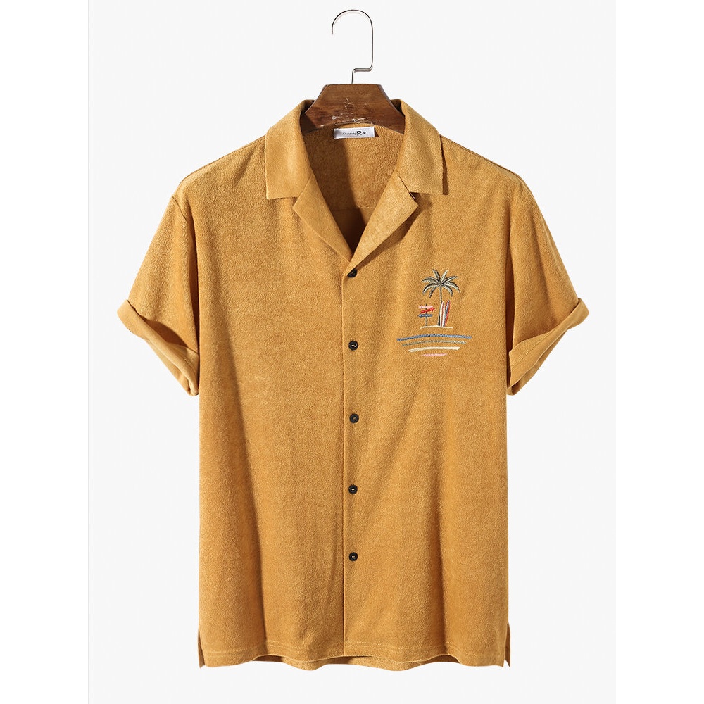 Mens Terry Cloth Towel Palm Tree Embroidery Cabana Shirts - Black S