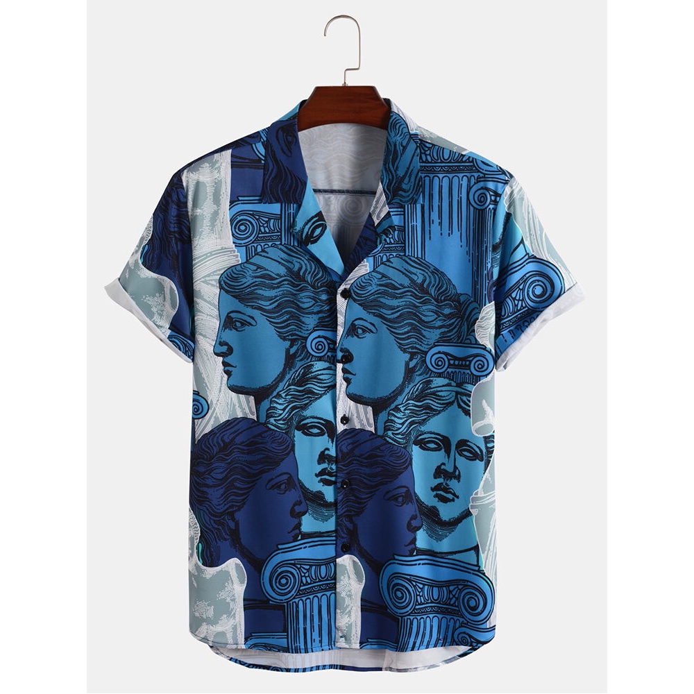 Mens Casual Figure Statue Print Revere Collar Shirts - Blue XL