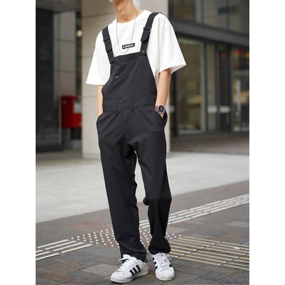 Mens 100% Cotton Loose Pocketed Jumpsuit Overalls One Pants - Black 2XL