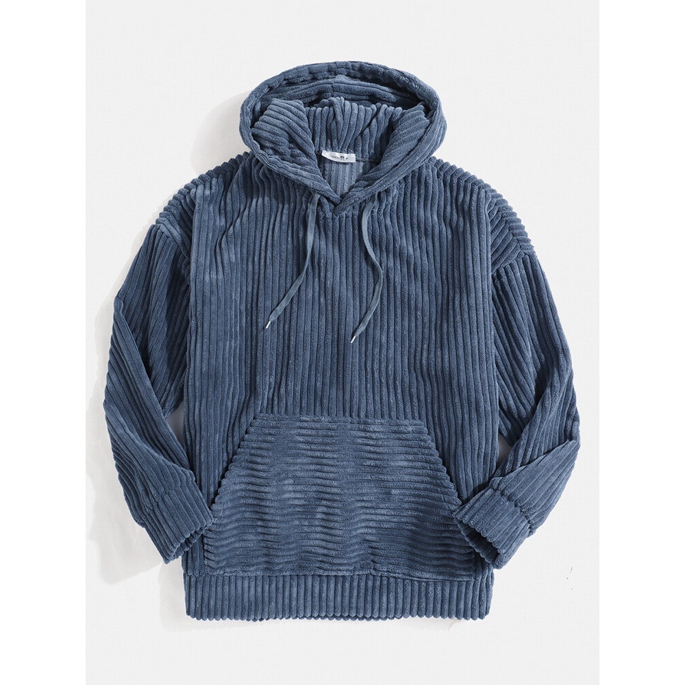 Mens Corduroy Solid Color Kangaroo Pocket Drop Shoulder Hoodies - Blue S