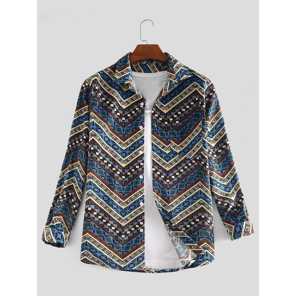Mens Corduroy Fashion Square Printing Long Sleeve Shirts - M Blue