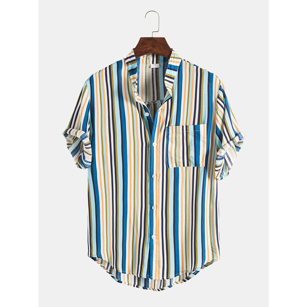 Mens Vertical Stripe Stand Collar Breathable Short Sleeve Shirts - Colorful L