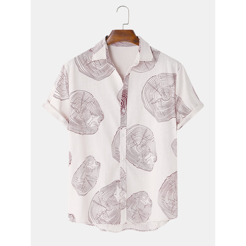 Mens Tree Round Print Turn Down Collar Short Sleeve Holiday Casual Shirts - Pink S