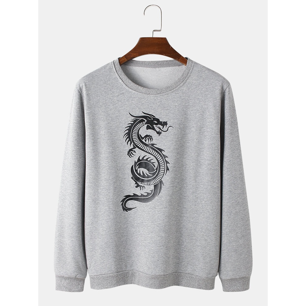Mens Oriental Dragon Print Round Neck Pullover Cotton Street Sweatshirts - White L