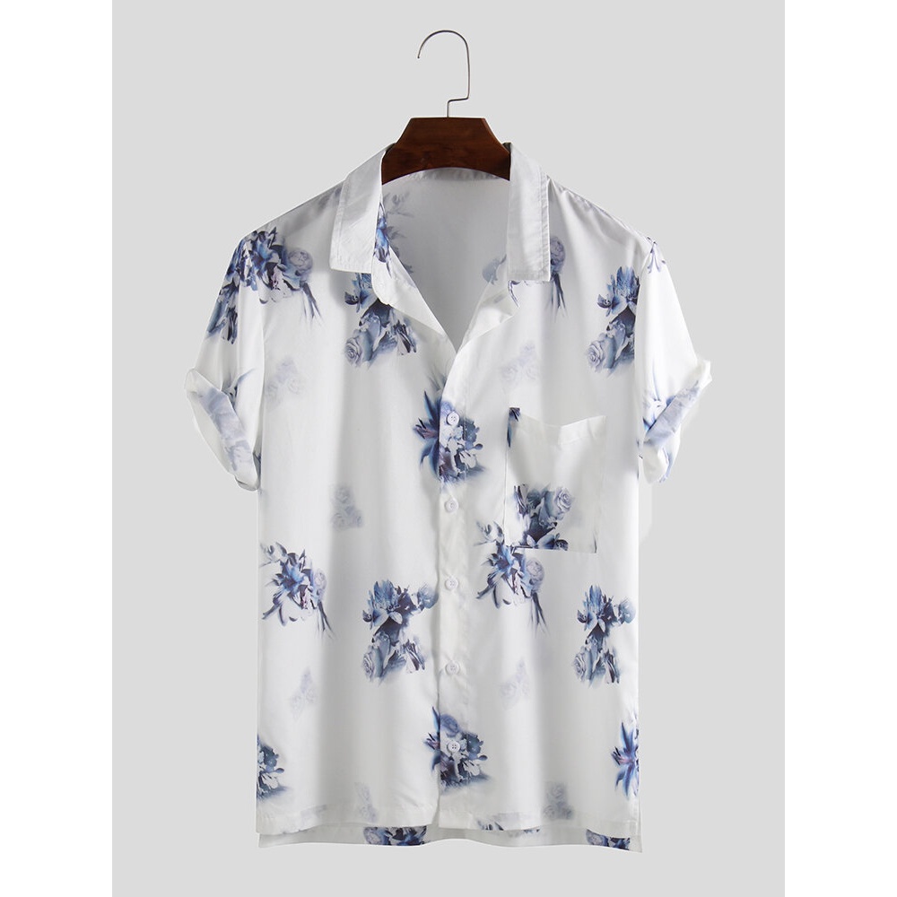 Mens National Practical Pocket Floral Printed Loose Shirts - L White
