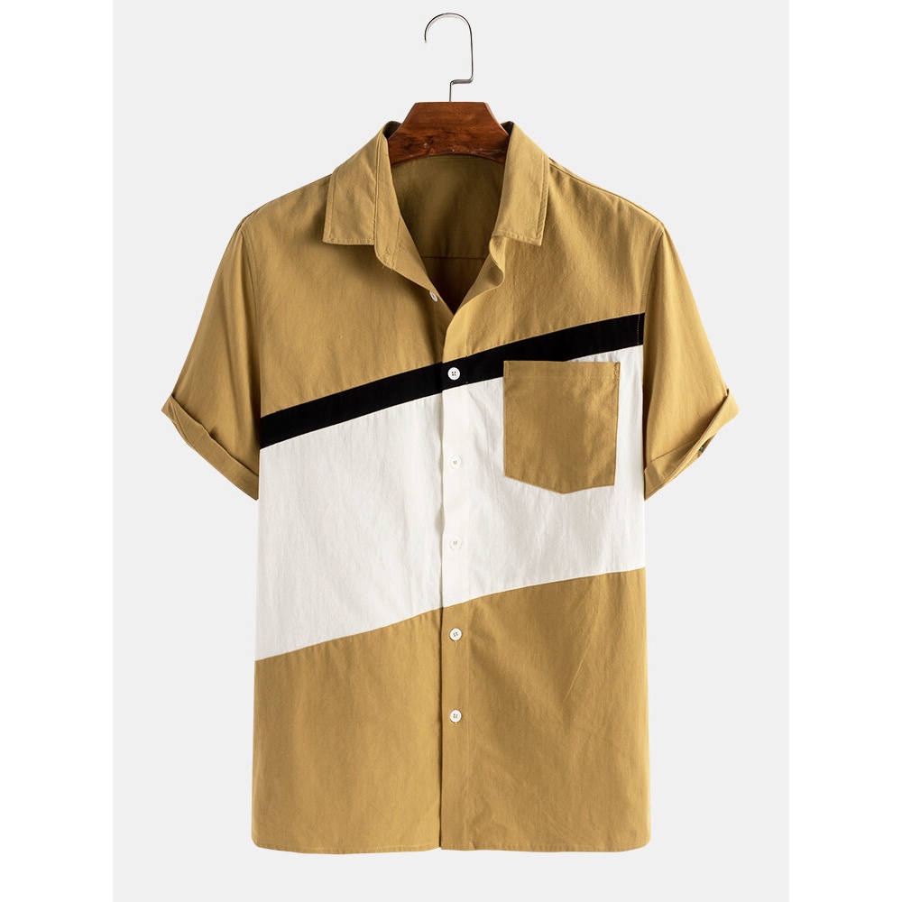 Mens Casual Patchwork Pocket 100% Cotton Short Sleeve Shirts - White L