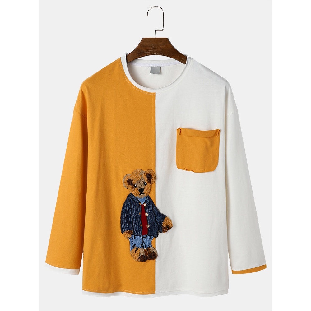 Mens Teddy Cartoon Printed Preppy Youngster Patchwork Top T-Shirt - Coffee XL